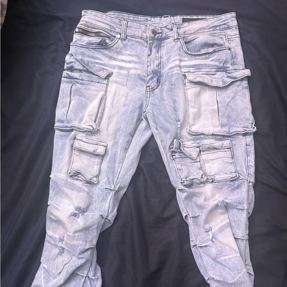 Rockstar Light Blue Wash Stacked Cargo Jeans